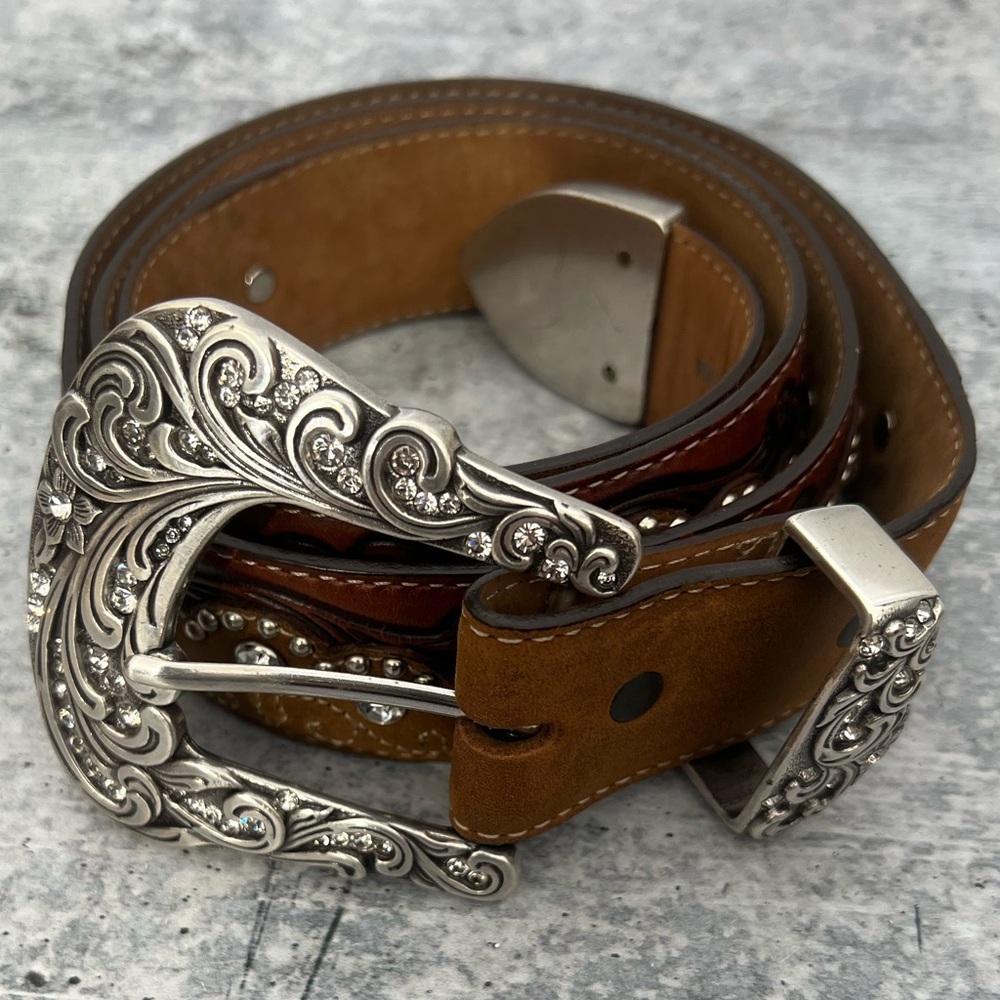 Tony Lama Brown Leather Belt with Rhinestones & Studs Silver Buckle